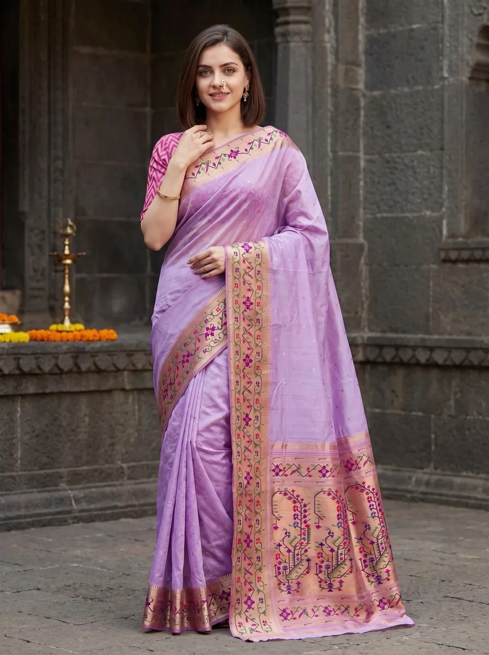 Saree photoshoot image — model in a lavender Paithani silk saree with gold zari border, temple courtyard backdrop