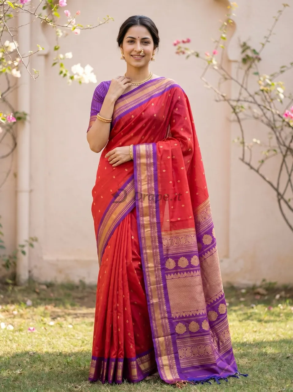 Saree photoshoot for ecommerce — model in a red silk saree with purple and gold zari border
