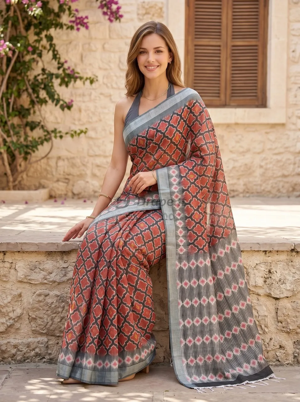 Saree photoshoot for a catalog — model in a rust-red ikat print saree with grey border