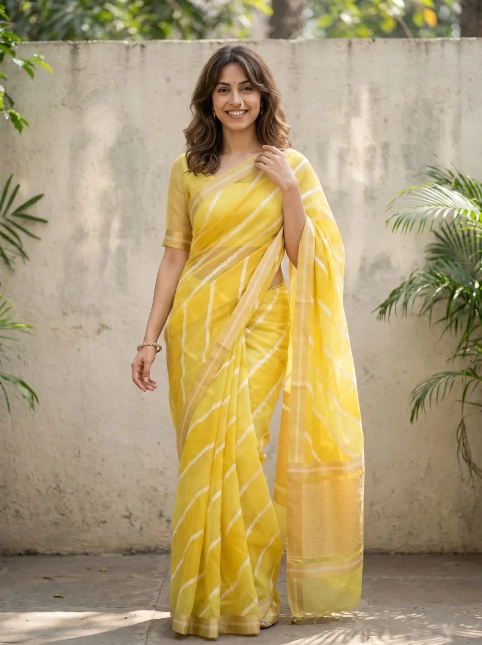 Saree photoshoot image — model in a yellow organza saree with leheriya-style stripes