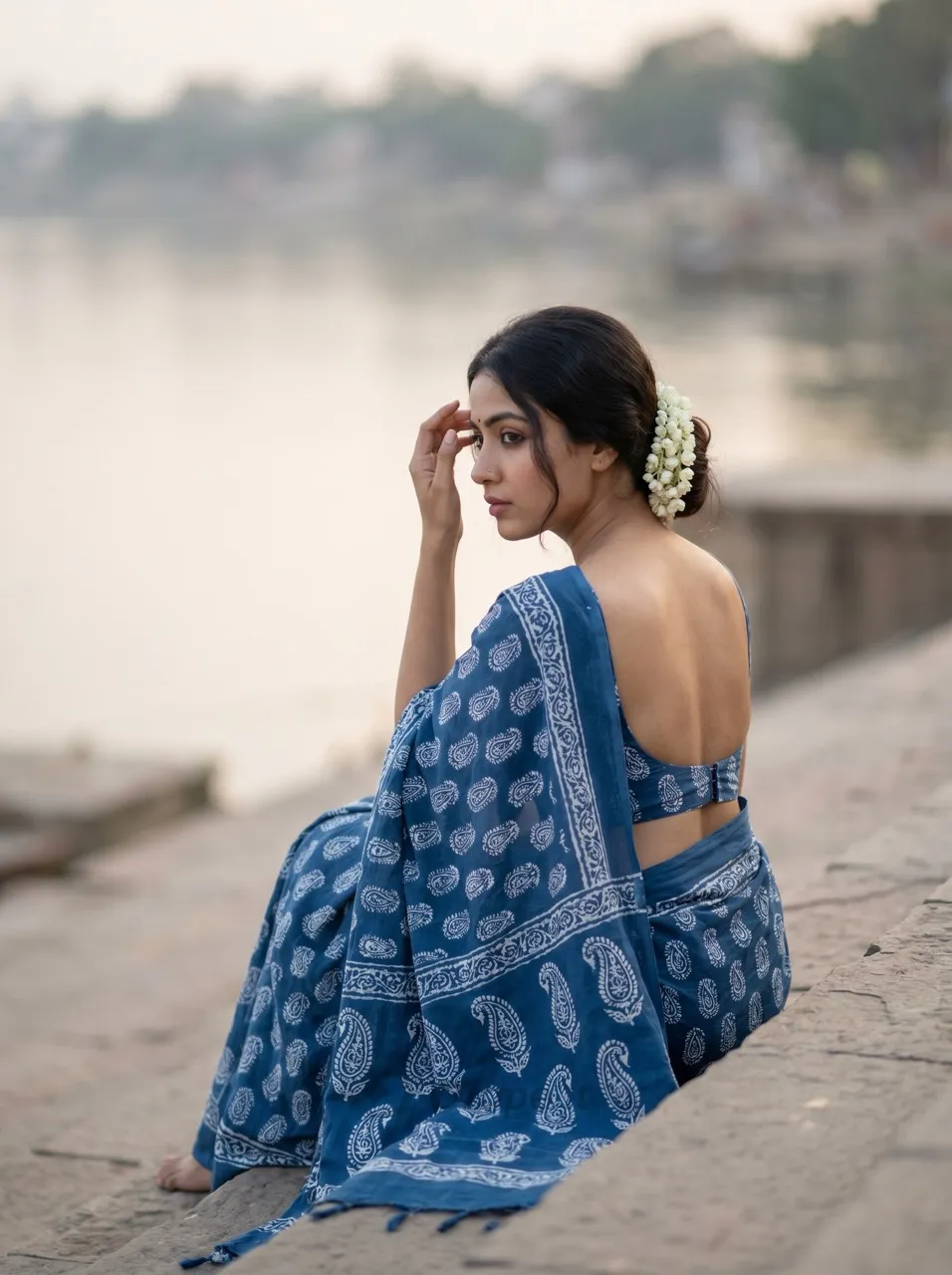 Saree creative — indigo hand-block-print cotton saree at a riverside ghat