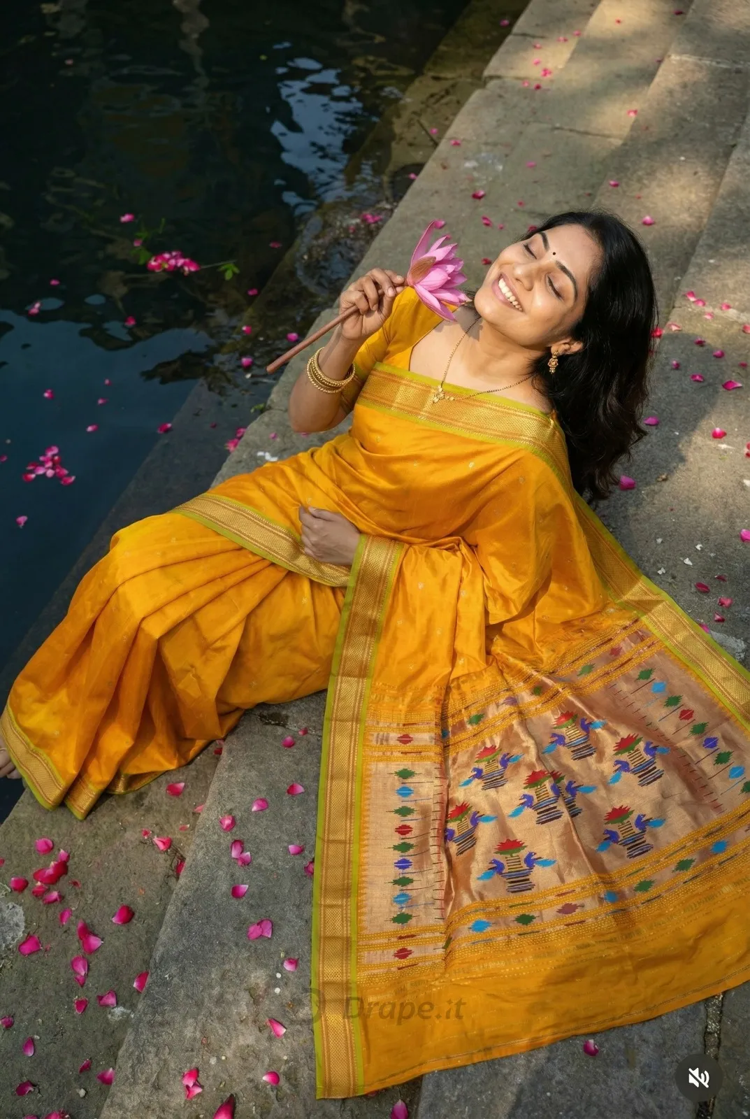 Saree campaign creative — mustard-yellow Paithani saree with lotus by a temple pond