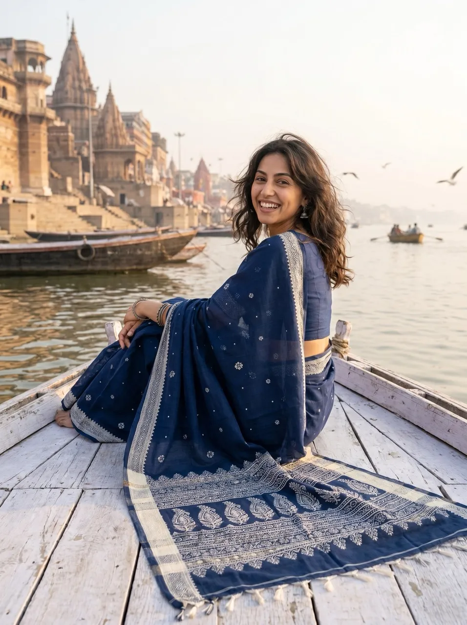 Saree campaign creative — navy blue cotton saree on a boat with Varanasi ghats behind