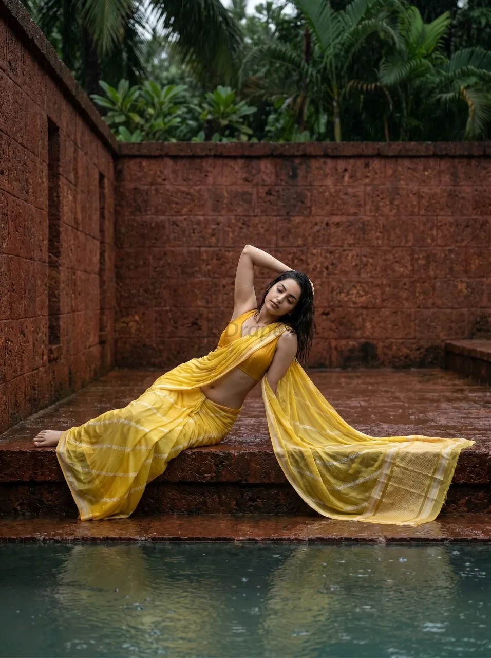 Saree campaign creative — yellow saree by a poolside in the rain