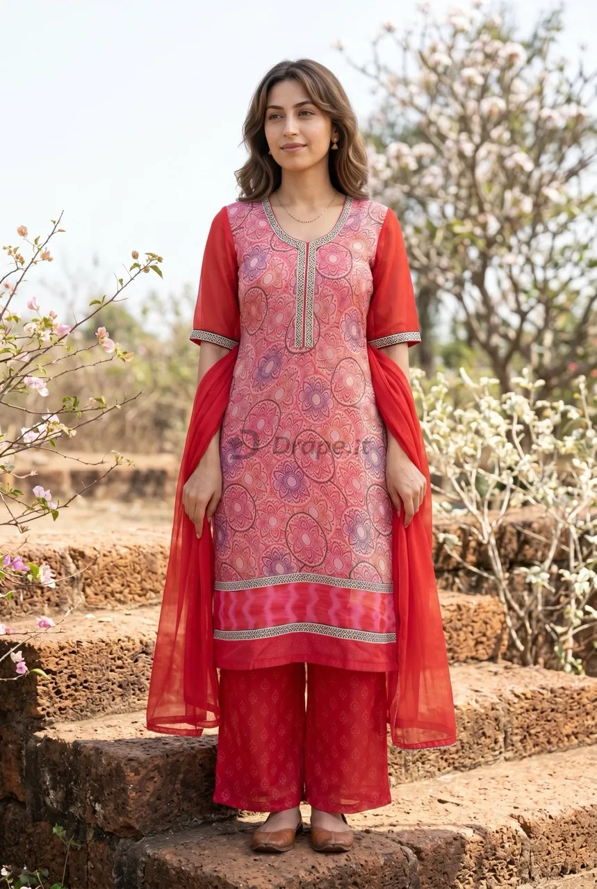 Kurta photoshoot image — model in a printed ethnic kurta for ecommerce
