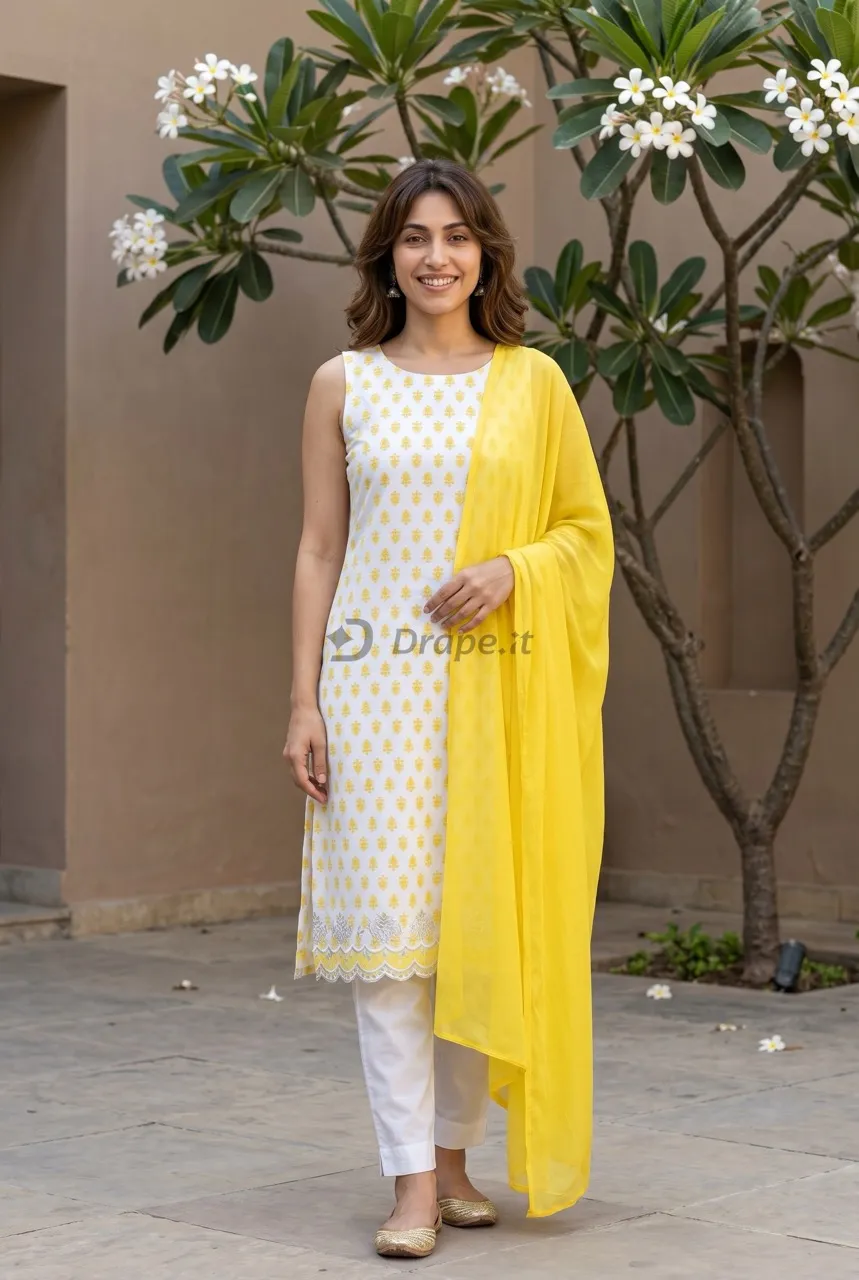 Kurta photoshoot image — model in a designer kurti for product page
